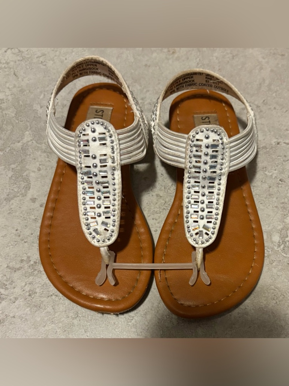 Steve Madden White Beaded T-Strap Sandals with Tan Footbed